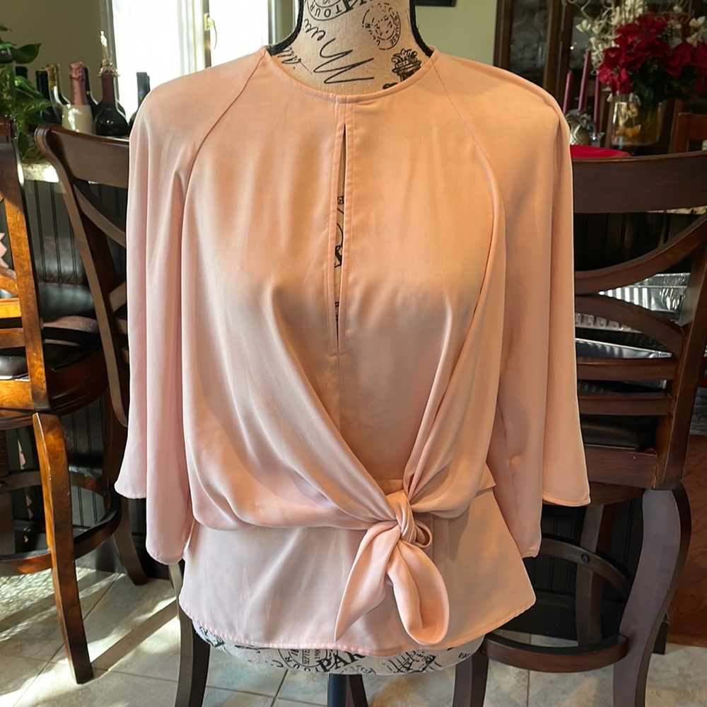 TopShop blouse size 6 blush flowing open back peplum faux wrap